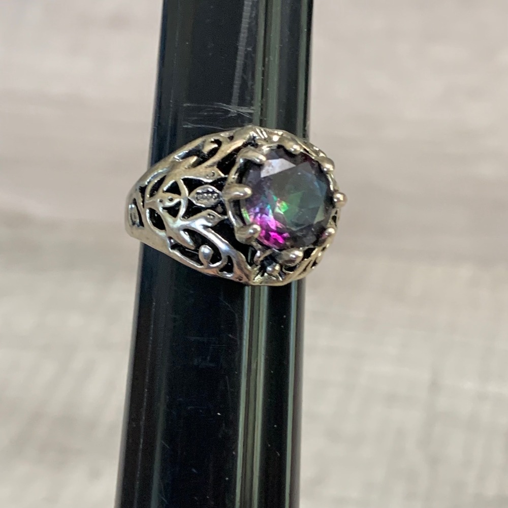 Mystic Topaz Filigree Ring Silver Tone Ornate Boho Statement Size 5.75